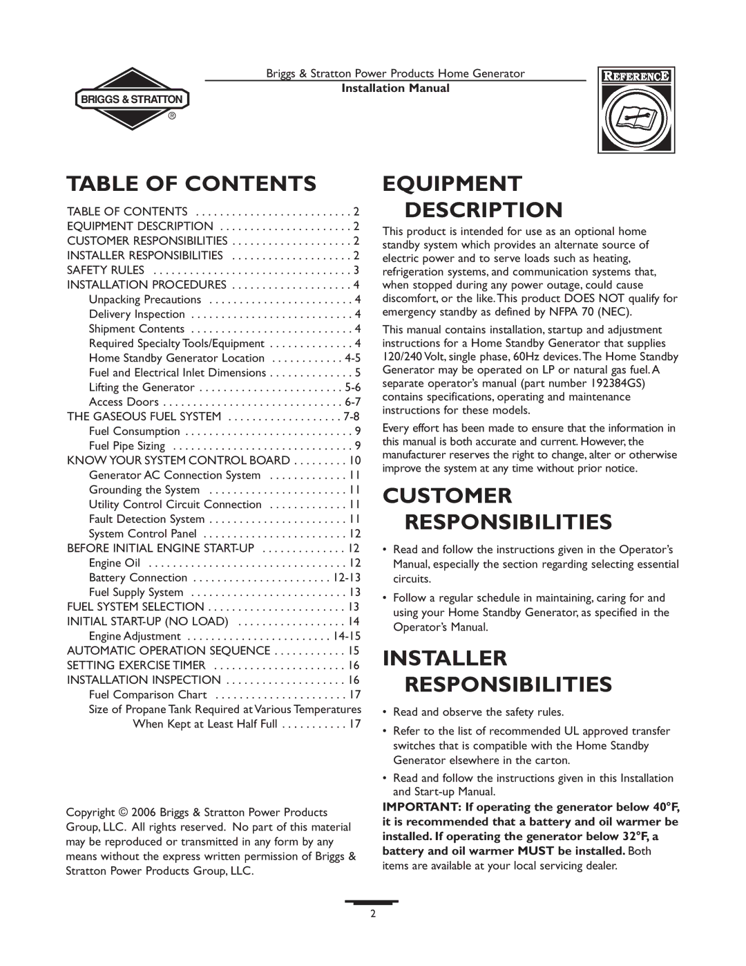 Briggs & Stratton 01938-0 Table of Contents, Equipment Description, Customer Responsibilities, Installer Responsibilities 