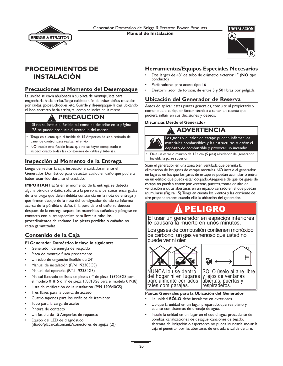 Briggs & Stratton 01938-0, 01815-0 manual Procedimientos DE Instalación 