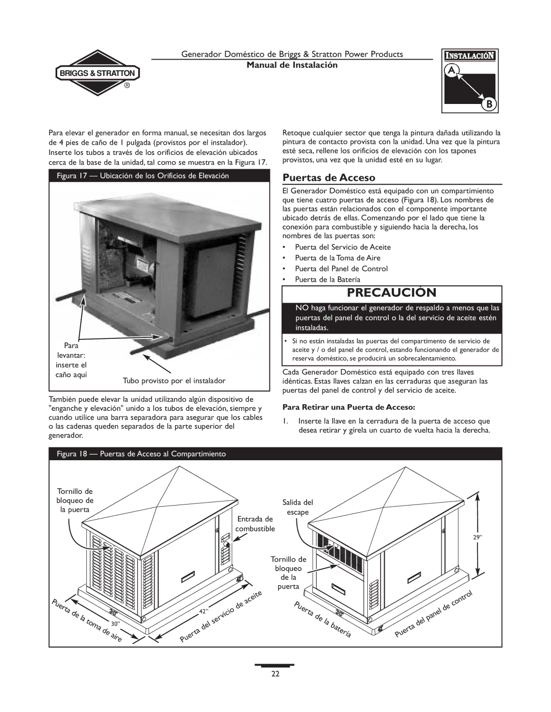 Briggs & Stratton 01938-0, 01815-0 manual Puertas de Acceso, Para Retirar una Puerta de Acceso, Entrada de Combustible 