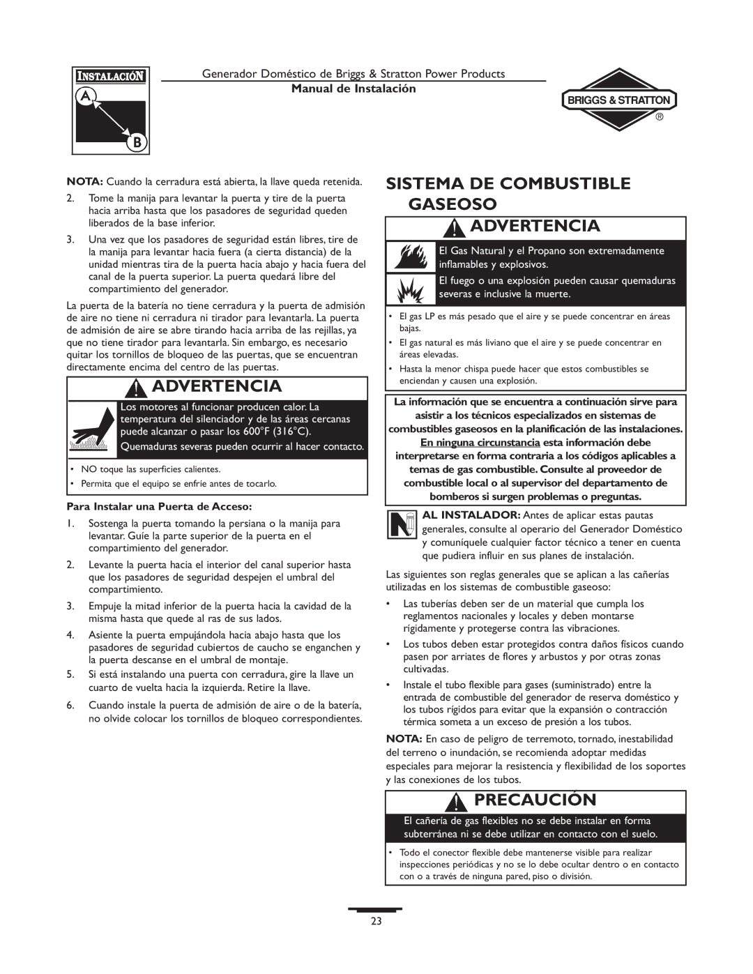 Briggs & Stratton 01815-0, 01938-0 manual Sistema DE Combustible Gaseoso Advertencia, Para Instalar una Puerta de Acceso 