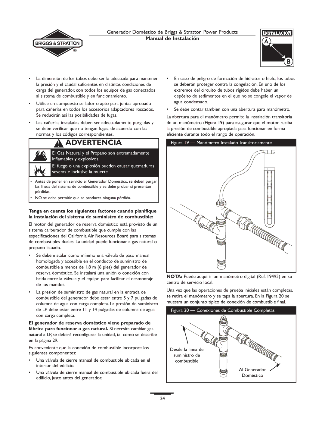 Briggs & Stratton 01938-0, 01815-0 manual Figura 19 Manómetro Instalado Transitoriamente 