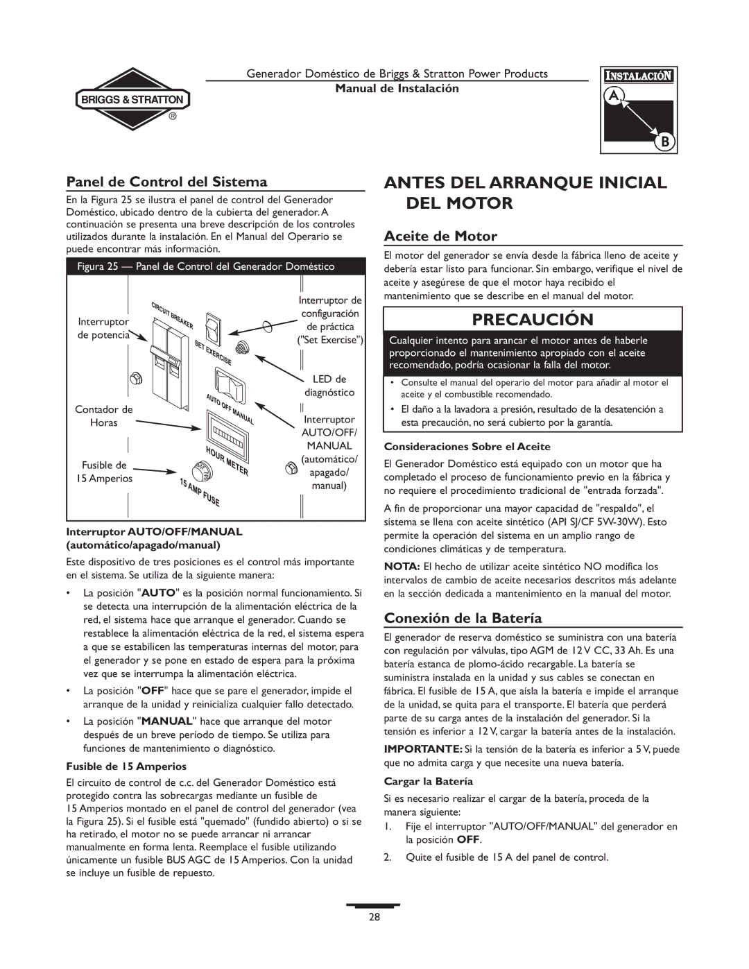 Briggs & Stratton 01938-0, 01815-0 Antes DEL Arranque Inicial DEL Motor, Panel de Control del Sistema, Aceite de Motor 