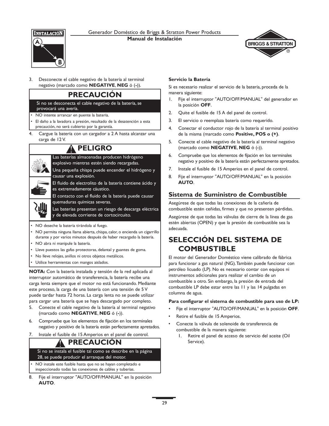 Briggs & Stratton 01815-0, 01938-0 Peligro, Selección DEL Sistema DE Combustible, Sistema de Suministro de Combustible 