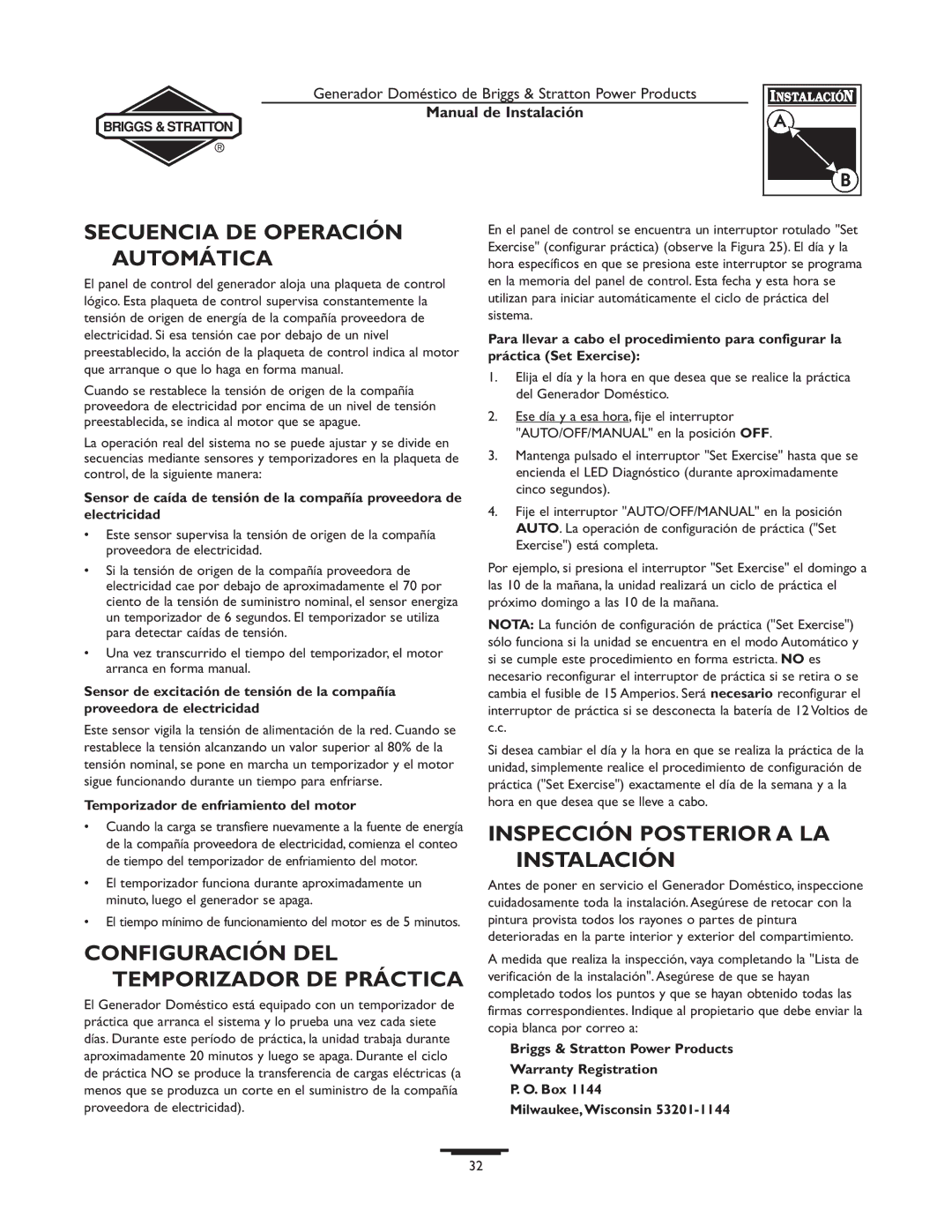 Briggs & Stratton 01938-0, 01815-0 manual Secuencia DE Operación Automática, Inspección Posterior a LA Instalación 