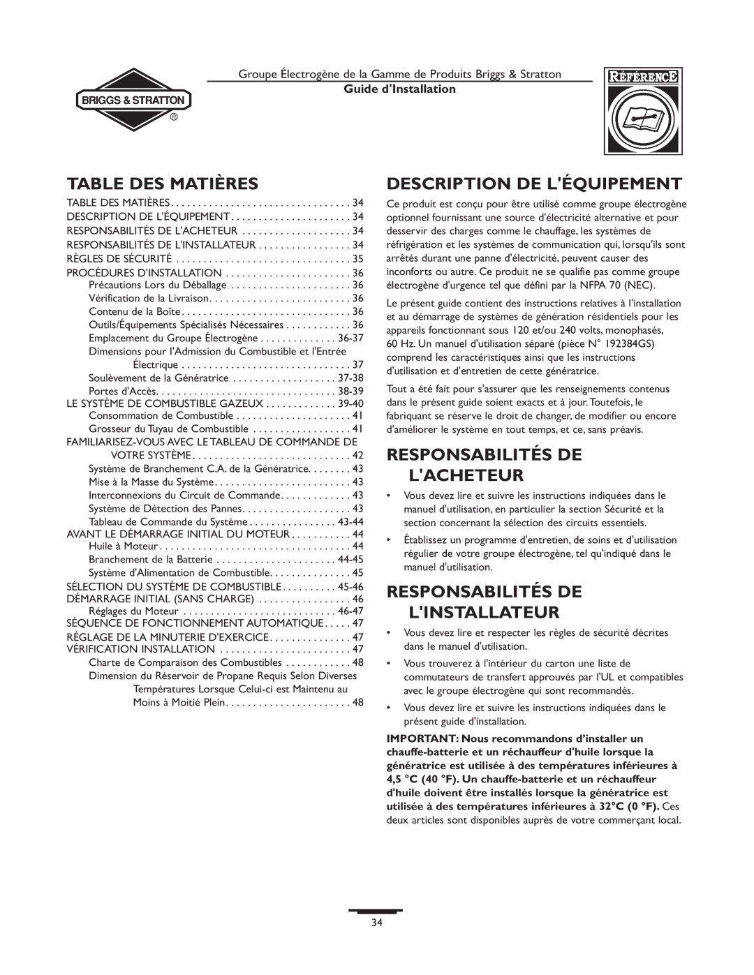 Briggs & Stratton 01938-0, 01815-0 manual Table DES Matières, Description DE Léquipement, Responsabilités DE Lacheteur 