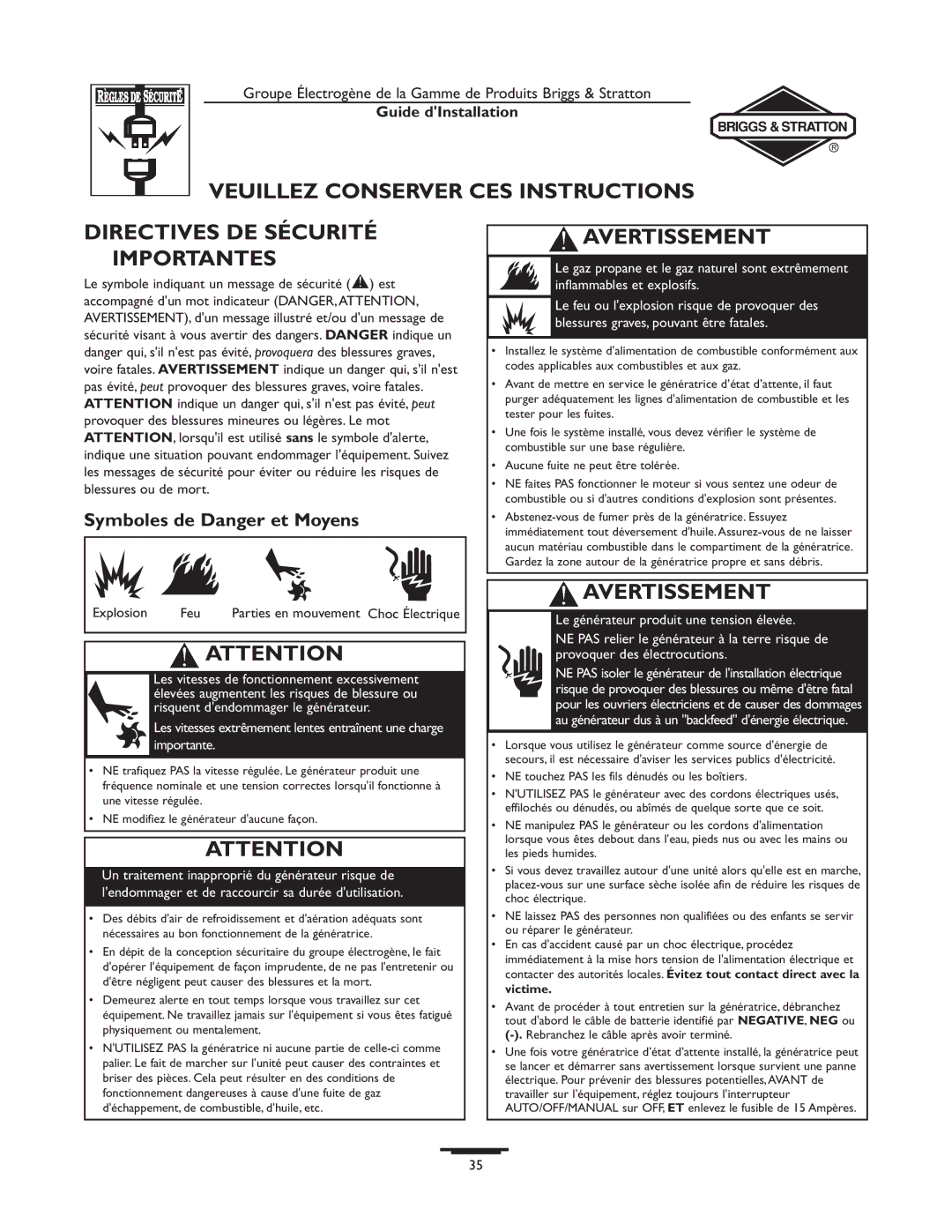 Briggs & Stratton 01815-0, 01938-0 manual Avertissement, Symboles de Danger et Moyens, Explosion Feu 