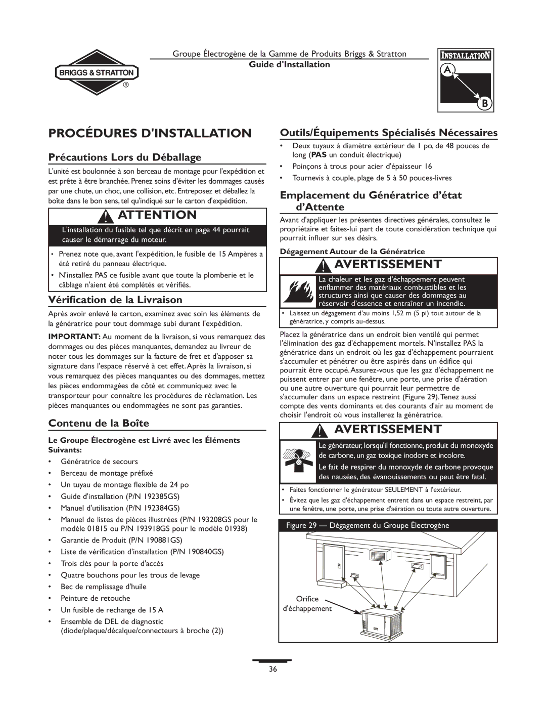 Briggs & Stratton 01938-0, 01815-0 manual Procédures Dinstallation 