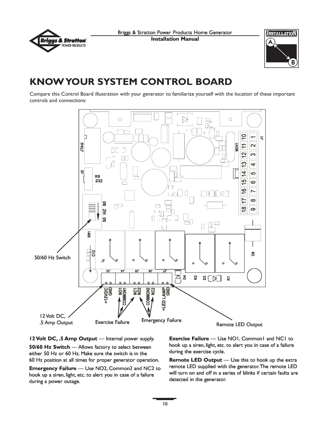 Briggs & Stratton 01938-0 manual Know Your System Control Board, Volt DC, .5 Amp Output — Internal power supply 