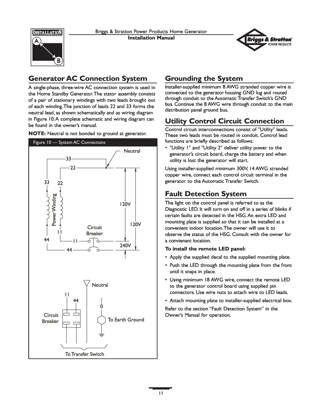 Briggs & Stratton 01938-0 manual Generator AC Connection System, Grounding the System, Utility Control Circuit Connection 