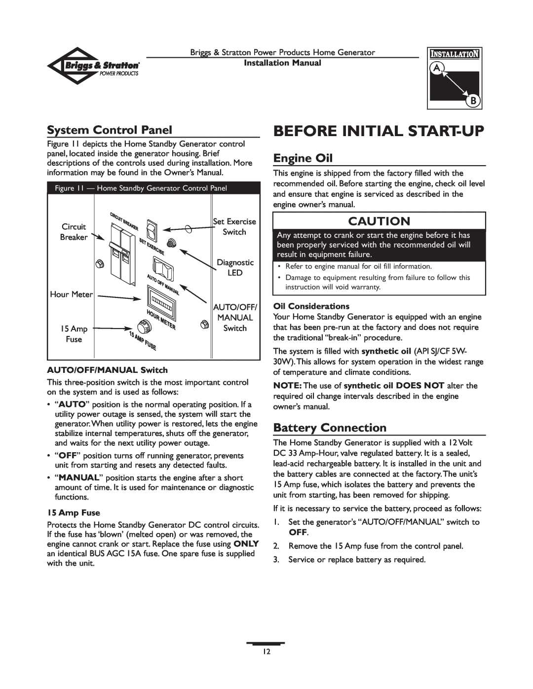 Briggs & Stratton 01938-0 manual Before Initial Start-Up, System Control Panel, Engine Oil, Battery Connection, Amp Fuse 