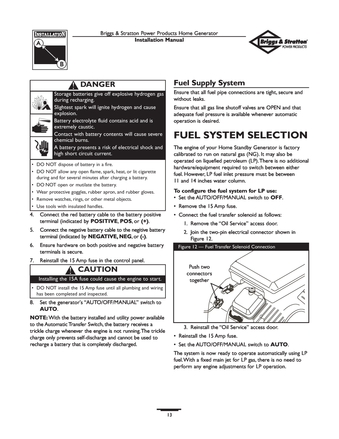 Briggs & Stratton 01938-0 manual Fuel System Selection, Fuel Supply System, To configure the fuel system for LP use, Danger 
