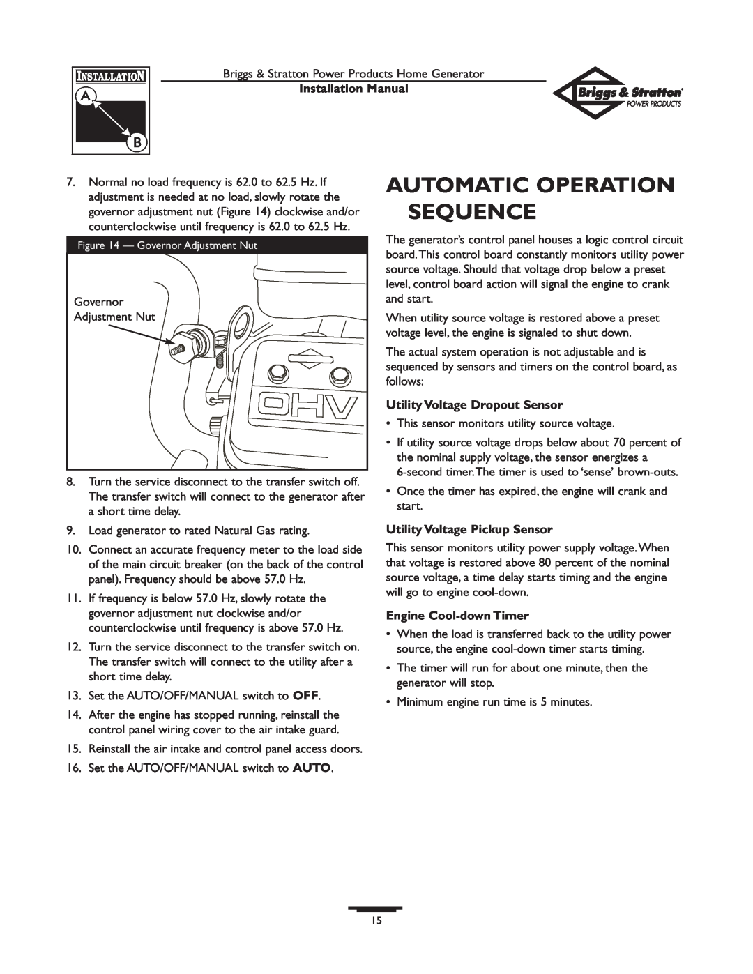 Briggs & Stratton 01938-0 Automatic Operation Sequence, Utility Voltage Dropout Sensor, Utility Voltage Pickup Sensor 