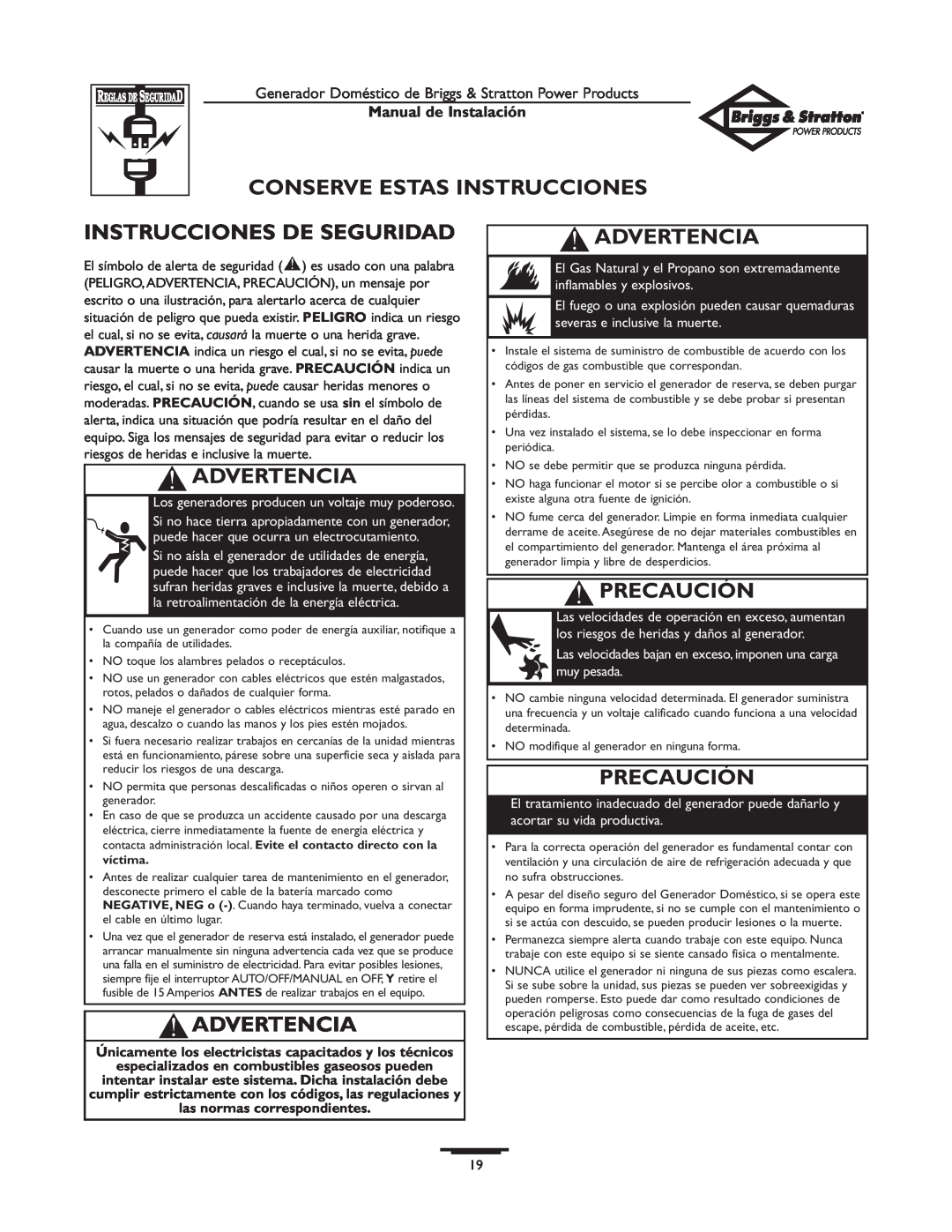 Briggs & Stratton 01938-0 manual Conserve Estas Instrucciones, Instrucciones De Seguridad, Advertencia, Precaución 