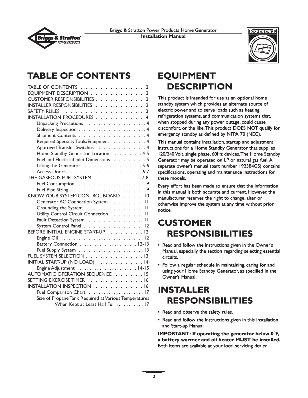 Briggs & Stratton 01938-0 Table Of Contents, Equipment Description, Customer Responsibilities, Installer Responsibilities 