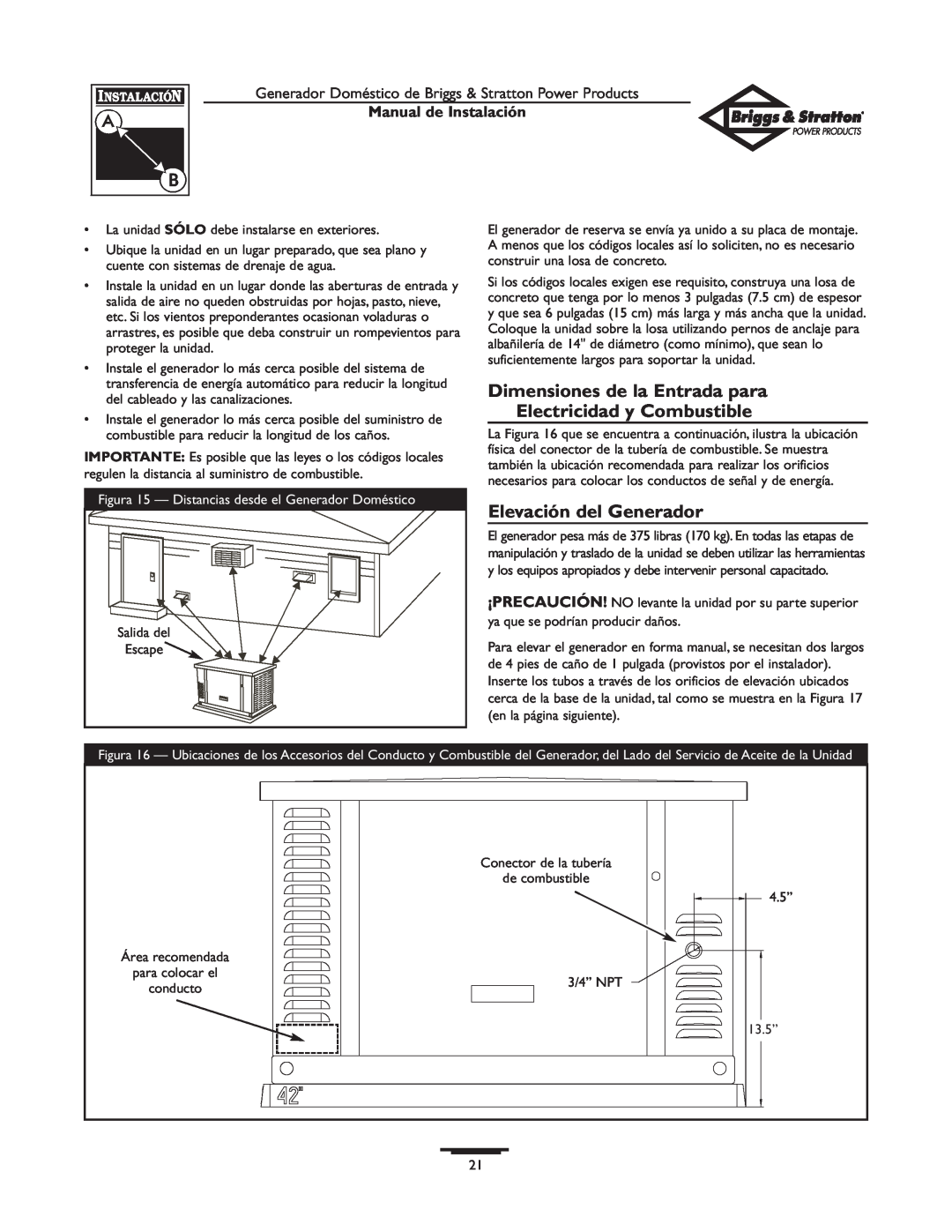 Briggs & Stratton 01938-0 manual Dimensiones de la Entrada para, Electricidad y Combustible, Elevación del Generador 