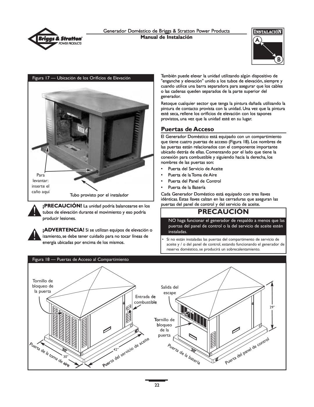 Briggs & Stratton 01938-0 manual Puertas de Acceso, batería, aire, Precaución, Manual de Instalación 