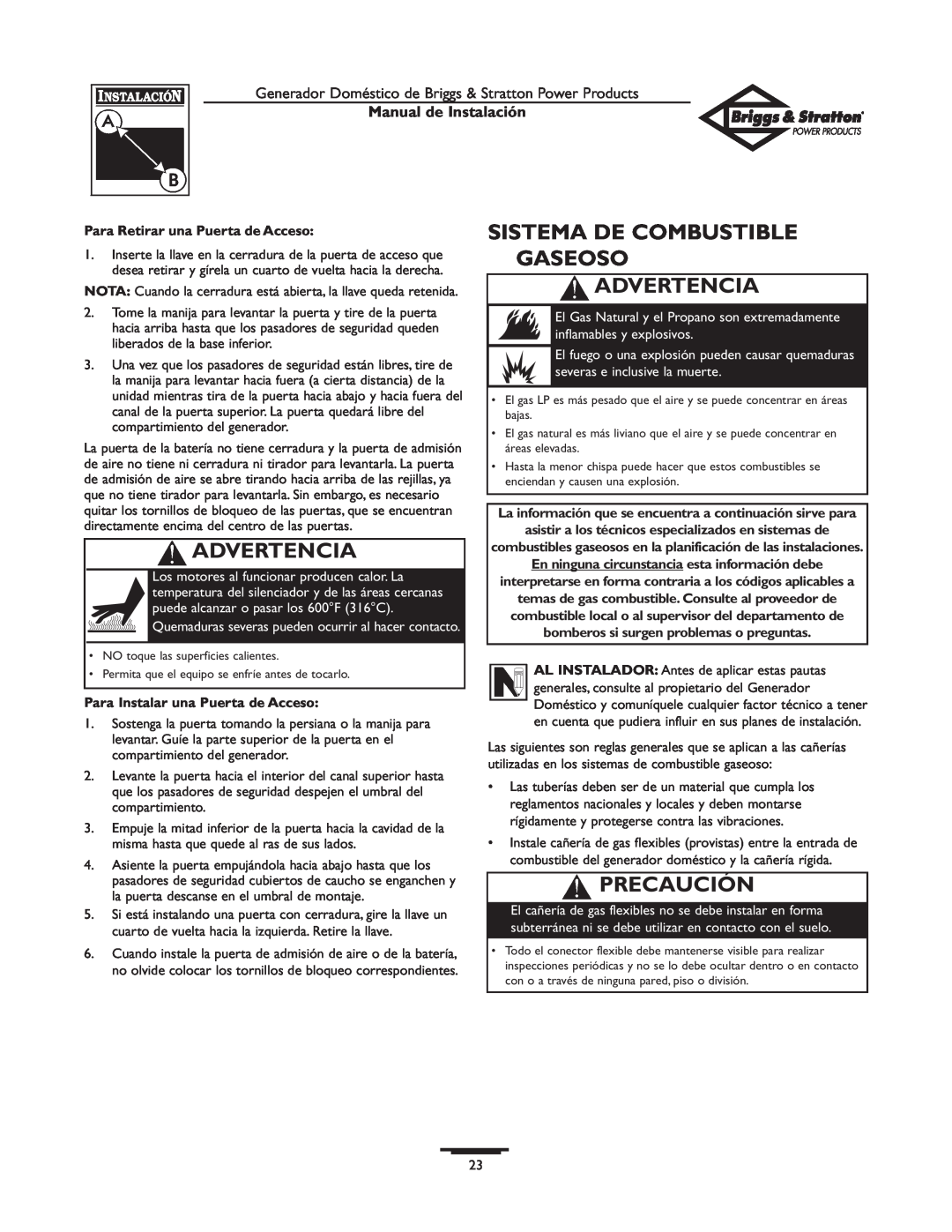 Briggs & Stratton 01938-0 manual Sistema De Combustible Gaseoso Advertencia, Precaución, Manual de Instalación 