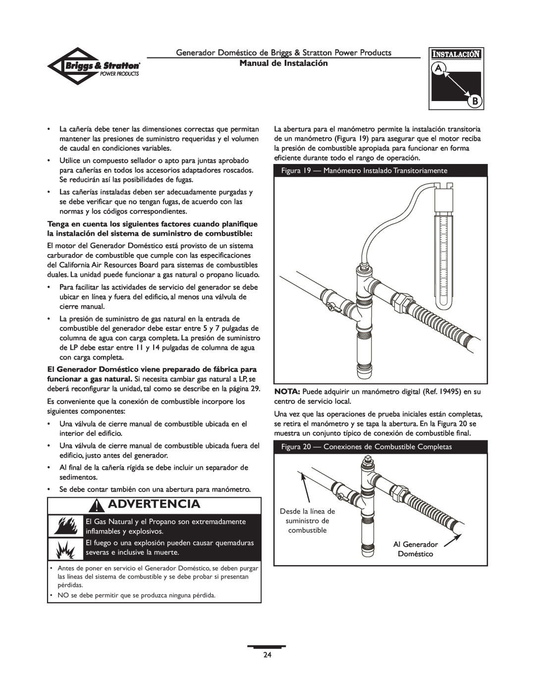 Briggs & Stratton 01938-0 manual Advertencia, Manual de Instalación 