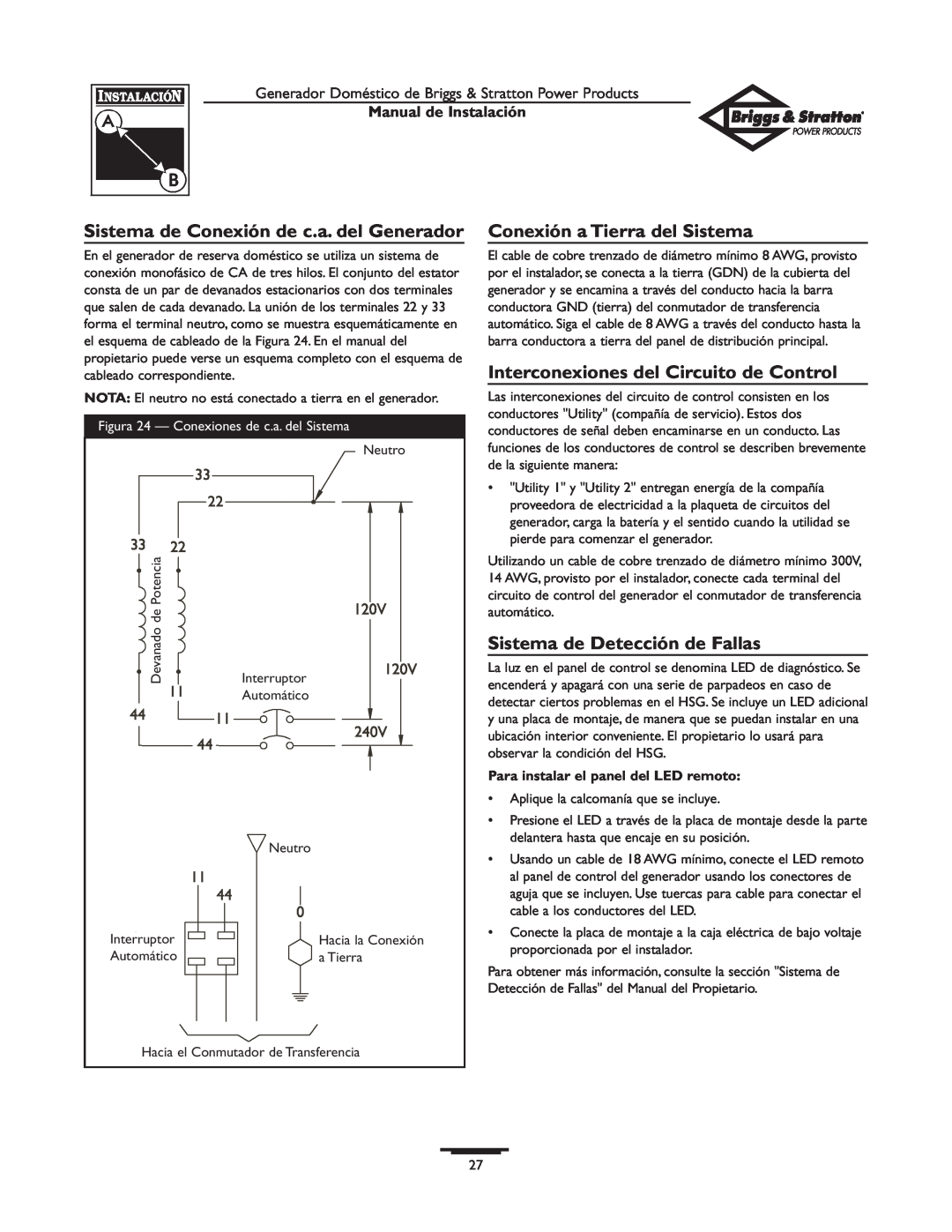 Briggs & Stratton 01938-0 Sistema de Conexión de c.a. del Generador, Conexión a Tierra del Sistema, Manual de Instalación 