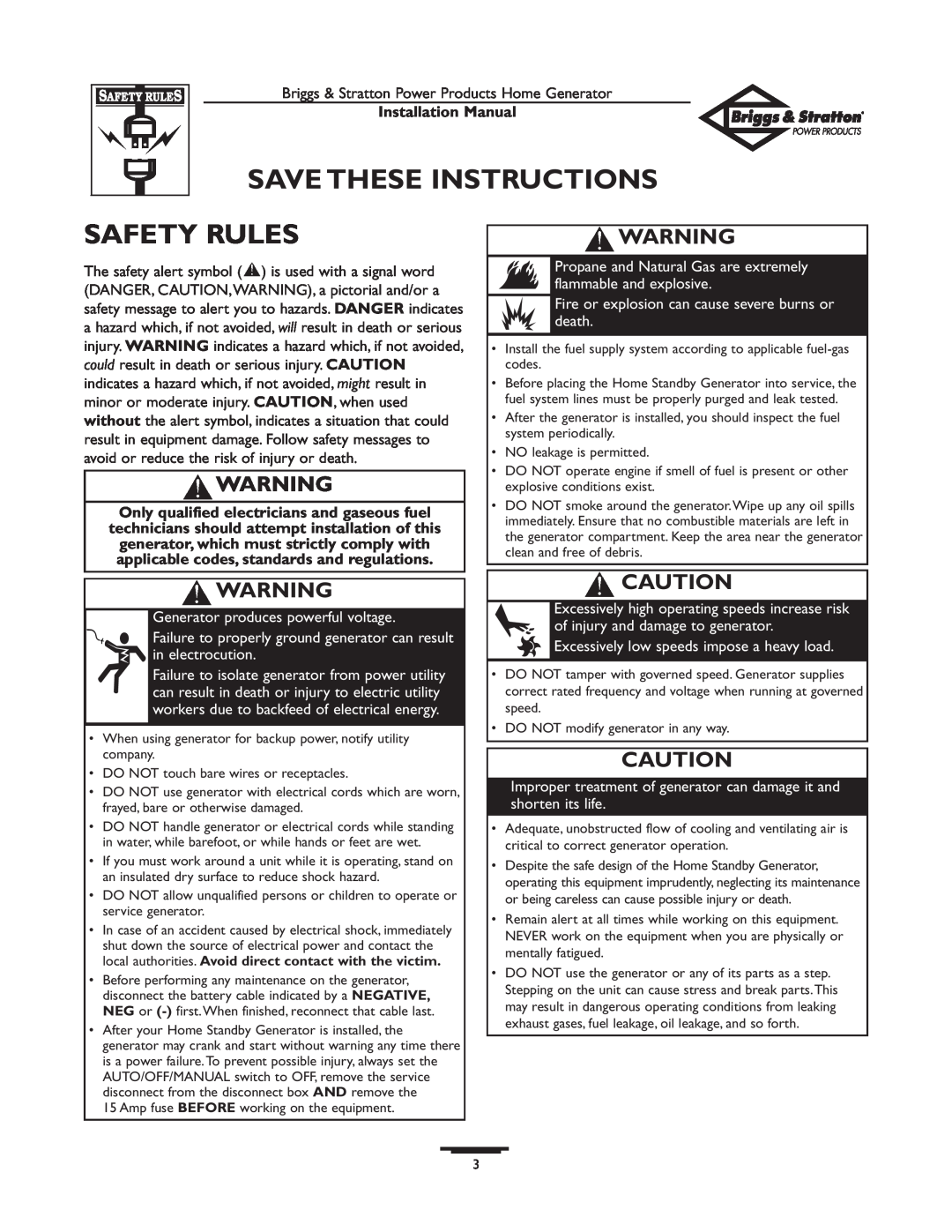 Briggs & Stratton 01938-0 manual Save These Instructions, Safety Rules, Installation Manual 