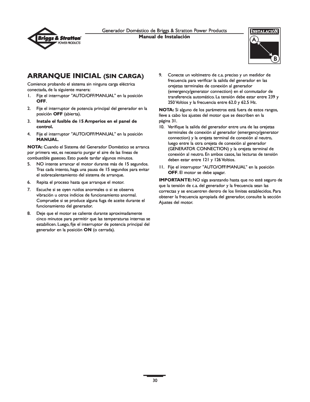 Briggs & Stratton 01938-0 manual Arranque Inicial Sin Carga, Manual de Instalación 