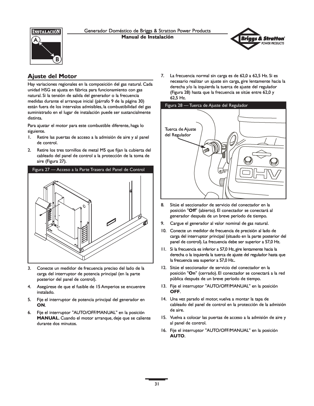 Briggs & Stratton 01938-0 manual Ajuste del Motor, Manual de Instalación 