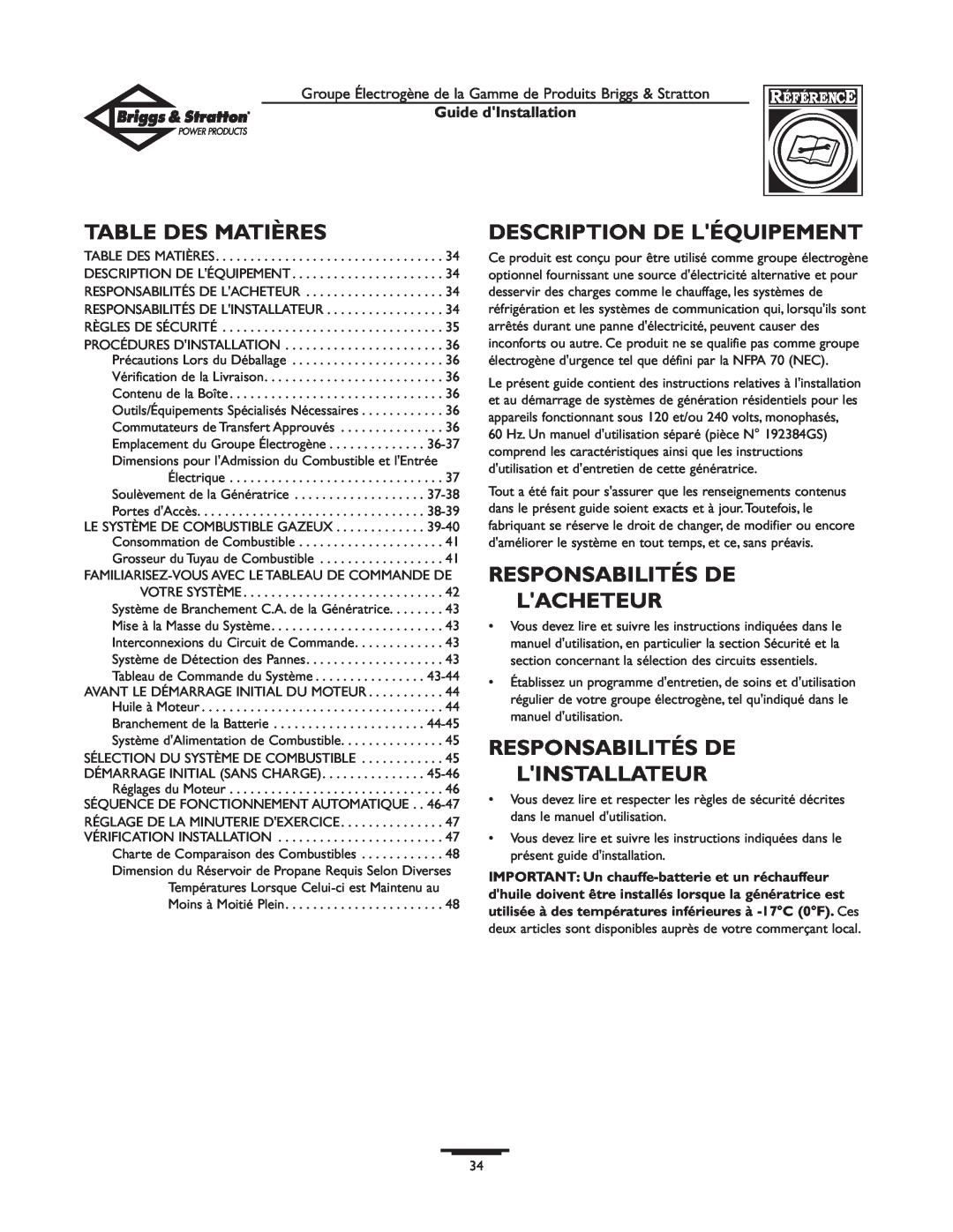 Briggs & Stratton 01938-0 manual Table Des Matières, Description De Léquipement, Responsabilités De Lacheteur 