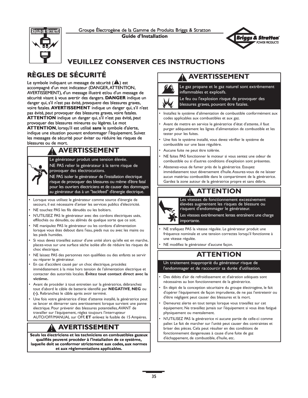 Briggs & Stratton 01938-0 Veuillez Conserver Ces Instructions, Règles De Sécurité, Avertissement, Guide dInstallation 
