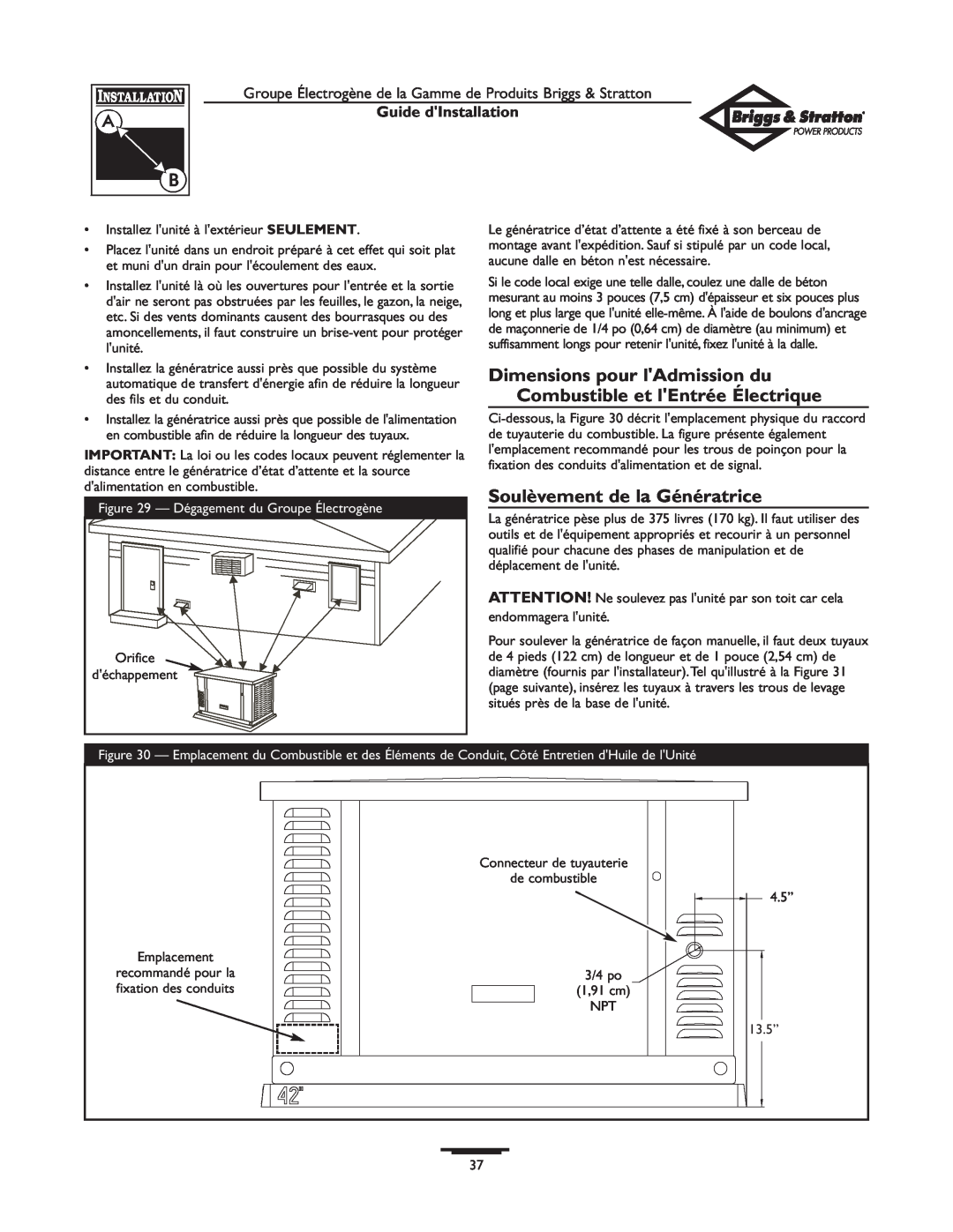 Briggs & Stratton 01938-0 manual Soulèvement de la Génératrice, Guide dInstallation 