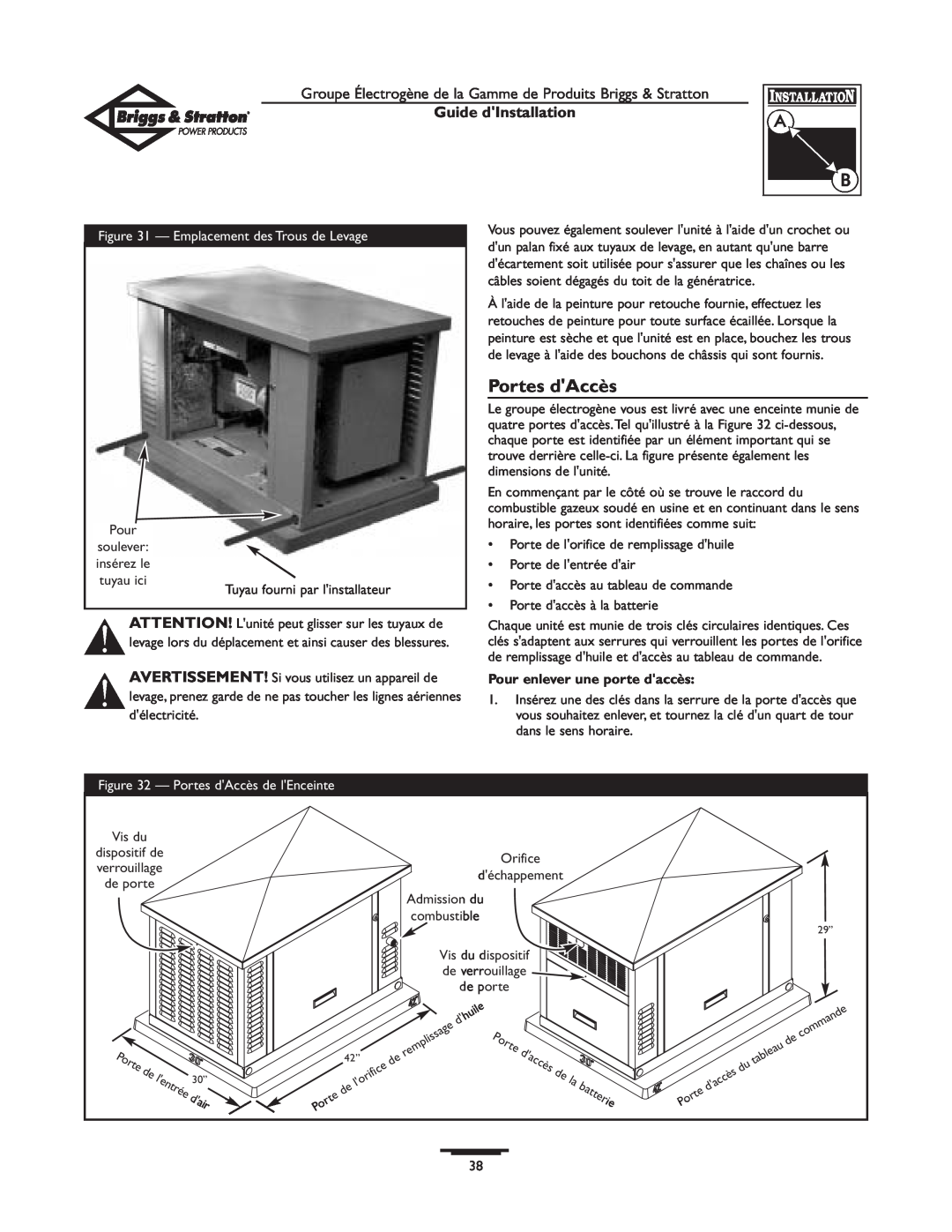 Briggs & Stratton 01938-0 manual Portes dAccès, batterie, Guide dInstallation, Pour enlever une porte daccès 