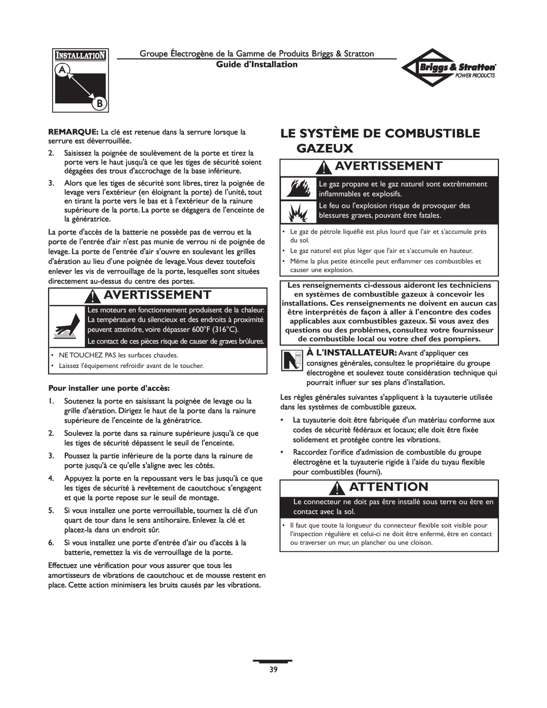 Briggs & Stratton 01938-0 manual Le Système De Combustible Gazeux Avertissement, Guide dInstallation 