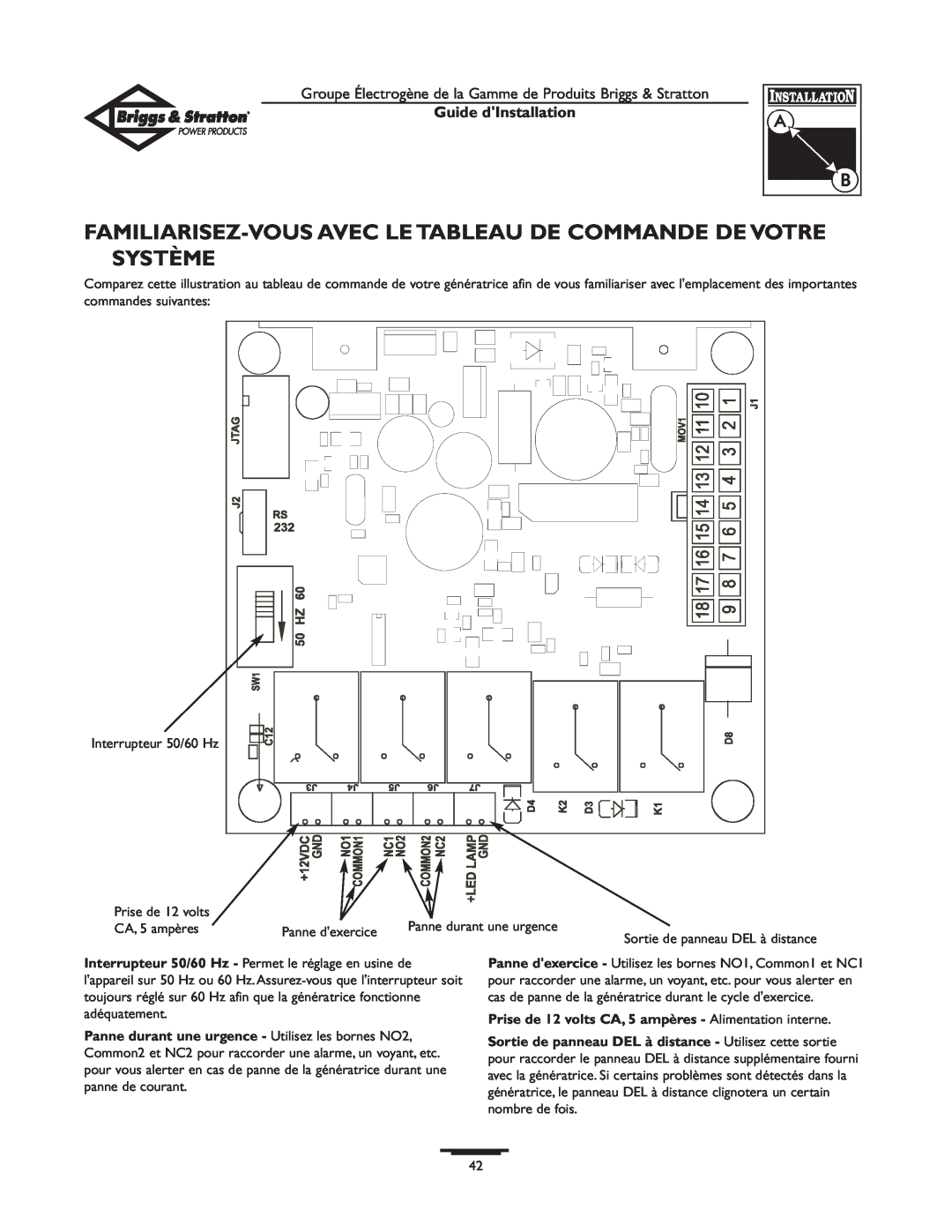Briggs & Stratton 01938-0 manual Guide dInstallation, Interrupteur 50/60 Hz 