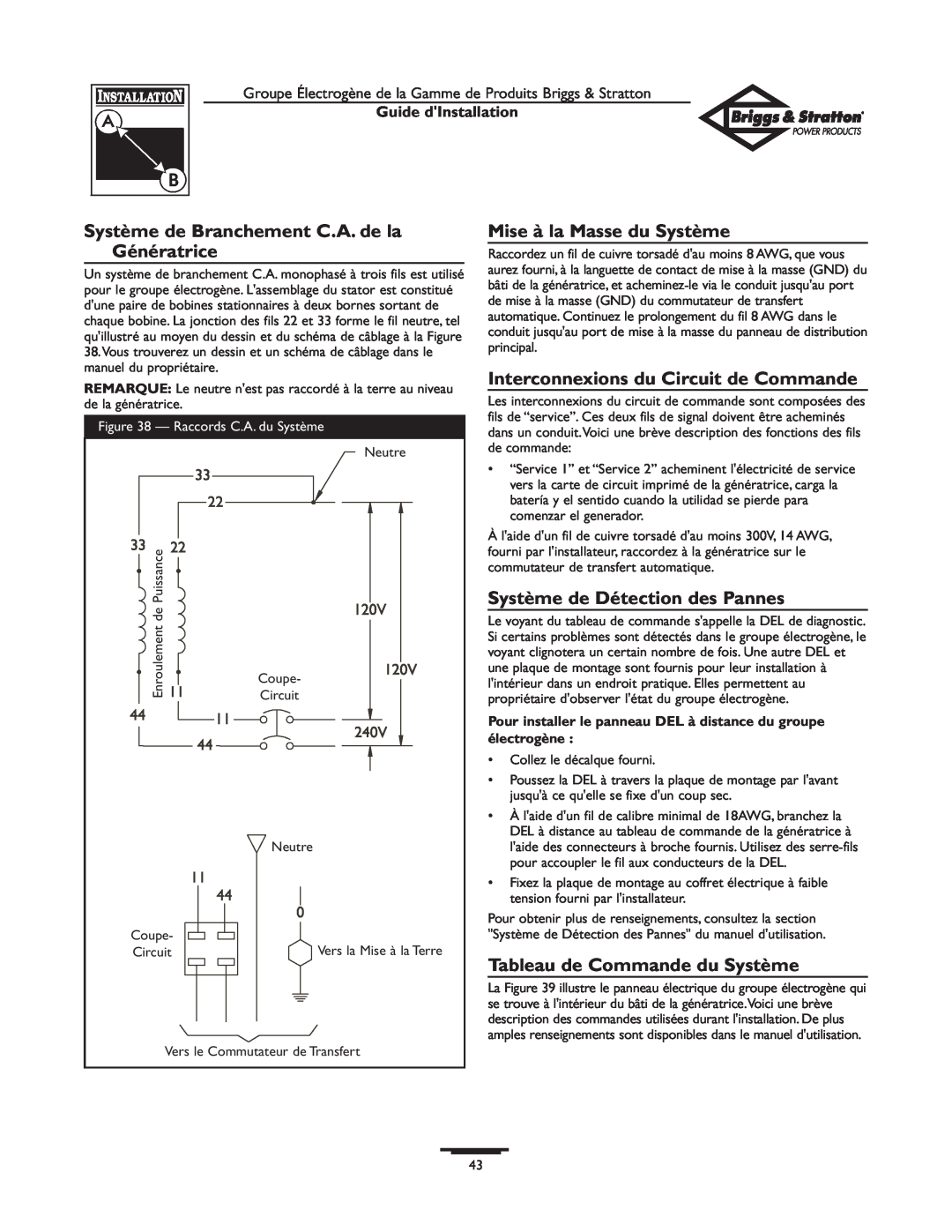 Briggs & Stratton 01938-0 Système de Branchement C.A. de la Génératrice, Mise à la Masse du Système, Guide dInstallation 