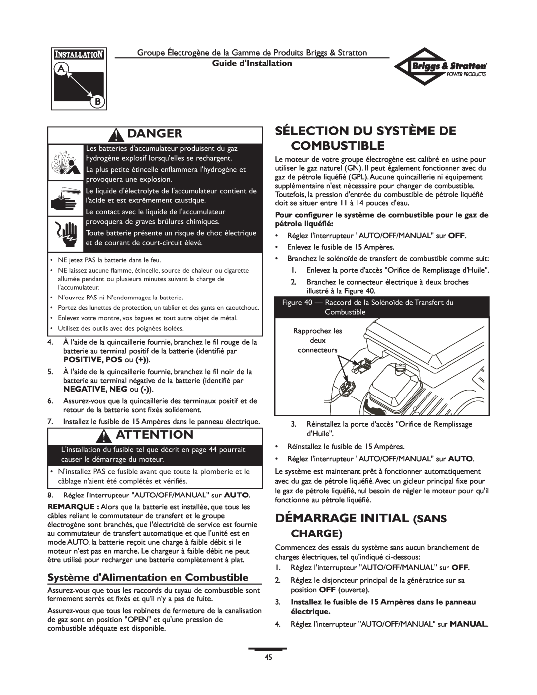Briggs & Stratton 01938-0 Sélection Du Système De Combustible, Démarrage Initial Sans, Charge, Danger, Guide dInstallation 