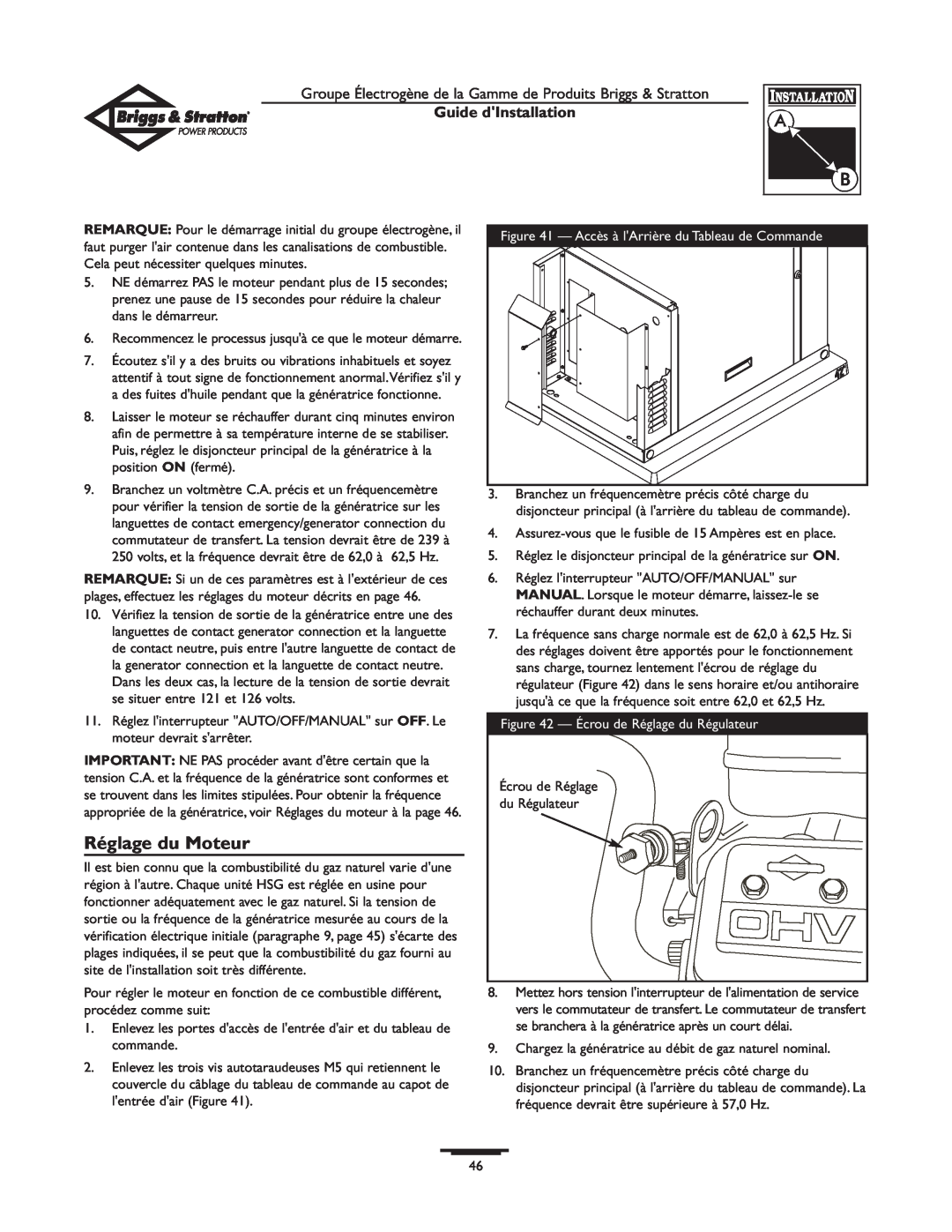 Briggs & Stratton 01938-0 manual Réglage du Moteur, Guide dInstallation 