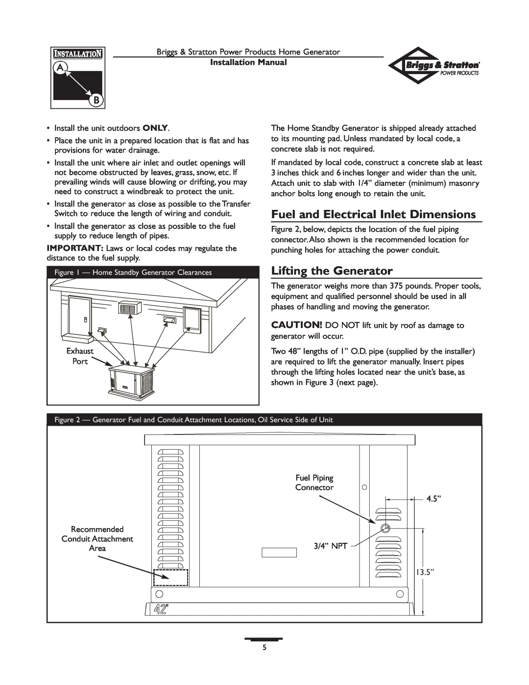 Briggs & Stratton 01938-0 manual Fuel and Electrical Inlet Dimensions, Lifting the Generator, Installation Manual 