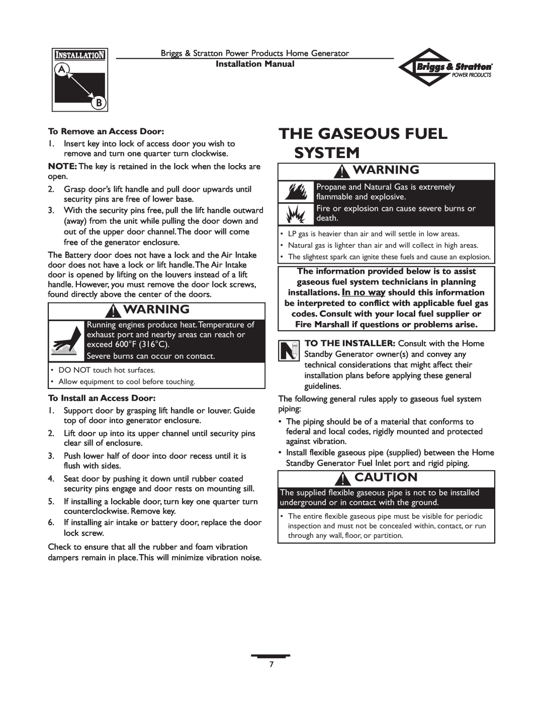 Briggs & Stratton 01938-0 manual The Gaseous Fuel System, To Remove an Access Door, To Install an Access Door 