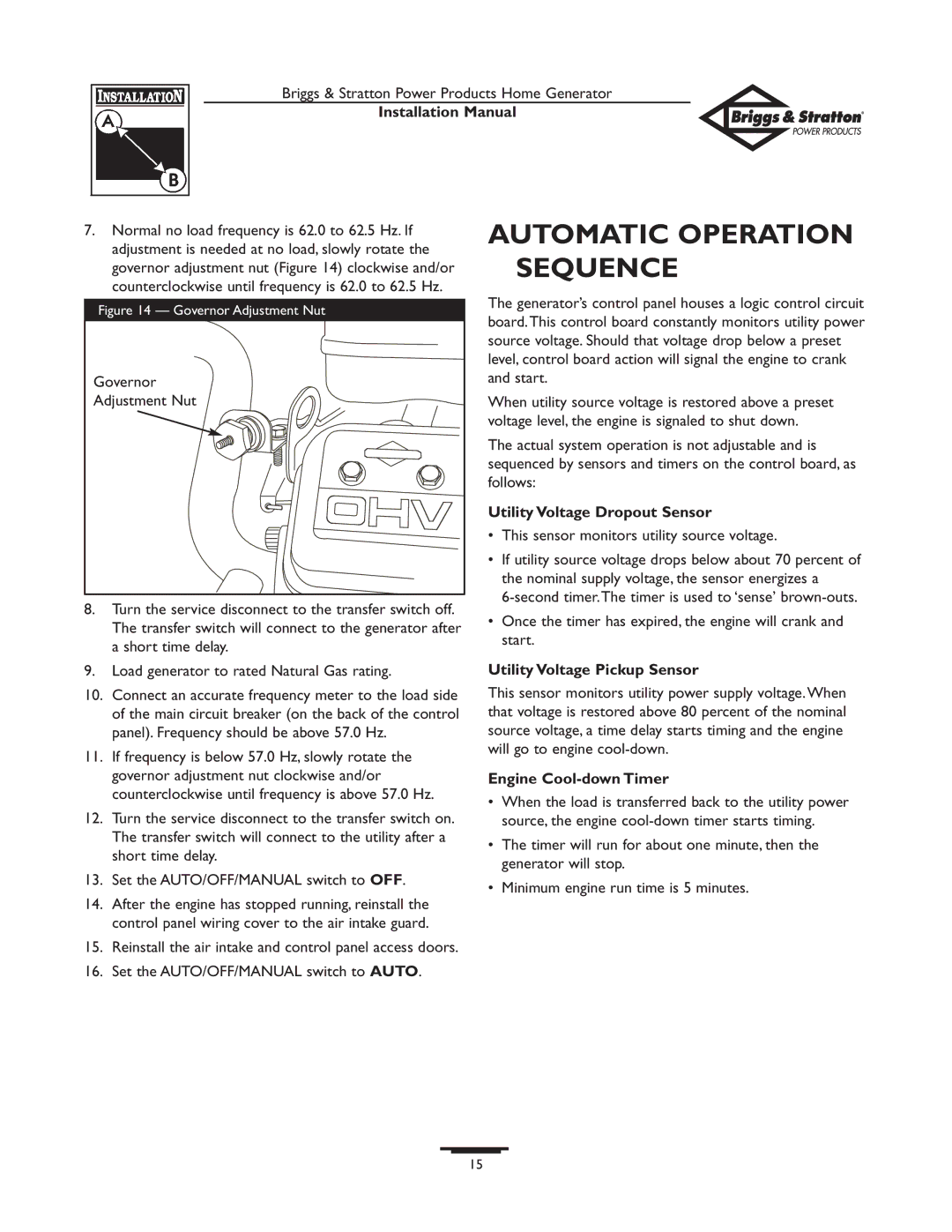 Briggs & Stratton 01938-0 Automatic Operation Sequence, Utility Voltage Dropout Sensor, Utility Voltage Pickup Sensor 