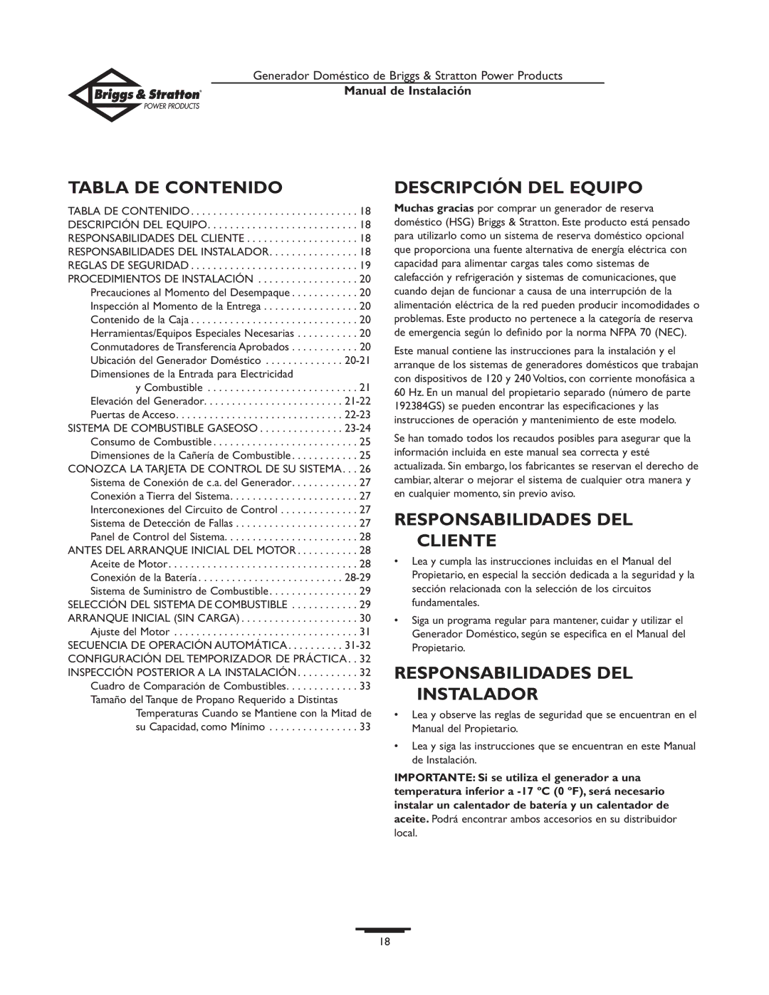 Briggs & Stratton 01938-0 Tabla DE Contenido, Descripción DEL Equipo, Responsabilidades DEL Cliente, Manual de Instalación 