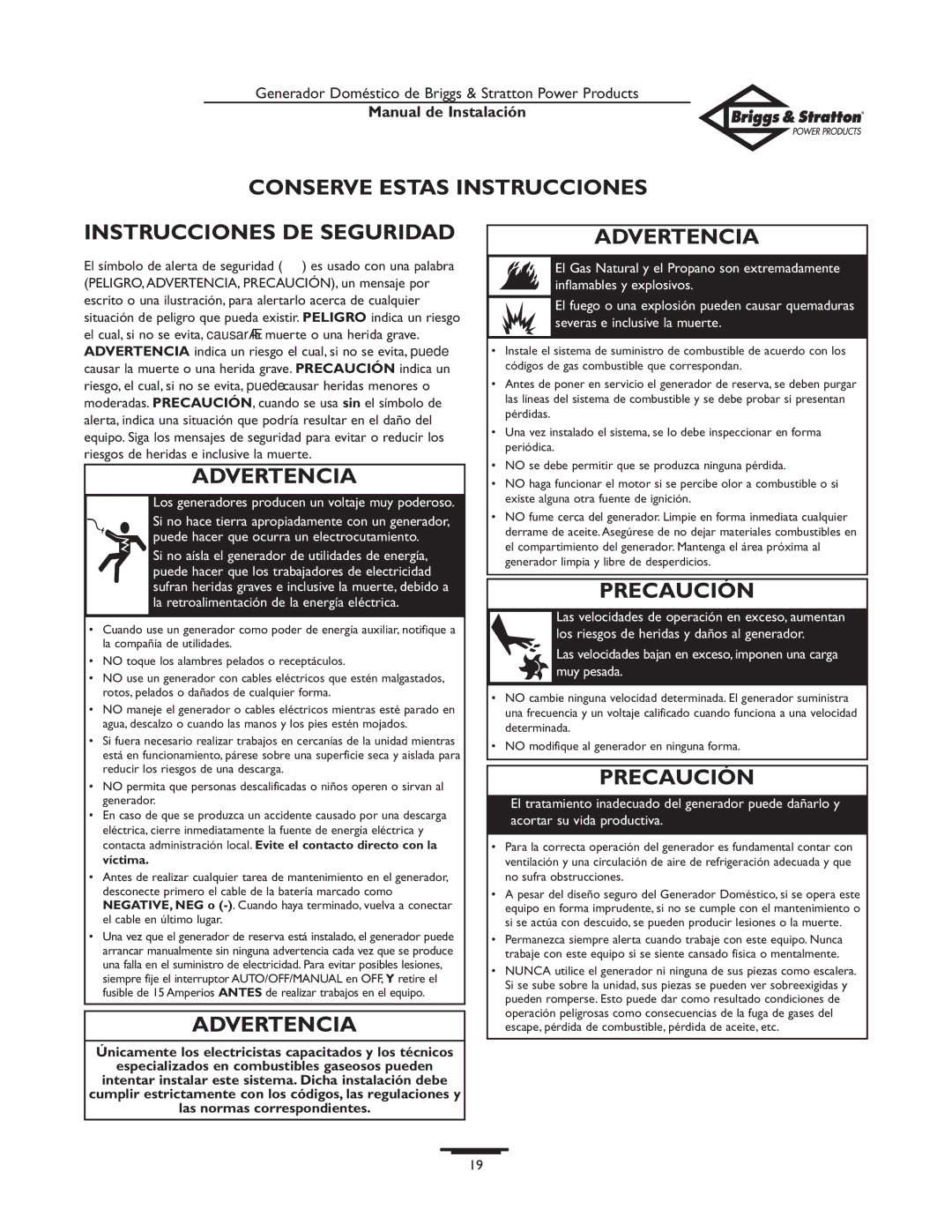 Briggs & Stratton 01938-0 manual Conserve Estas Instrucciones Instrucciones DE Seguridad, Advertencia, Precaución 