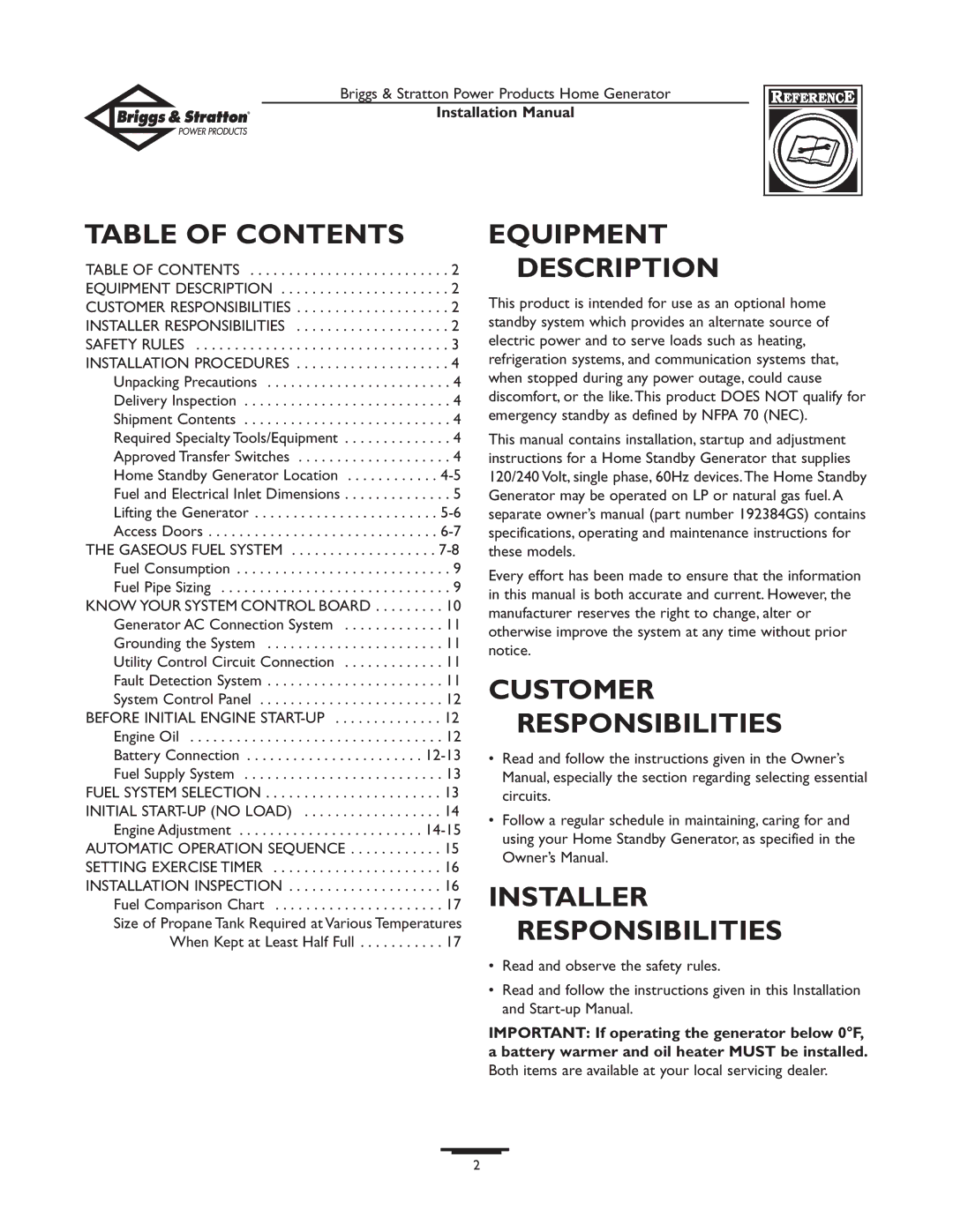 Briggs & Stratton 01938-0 Table of Contents, Equipment Description, Customer Responsibilities Installer Responsibilities 