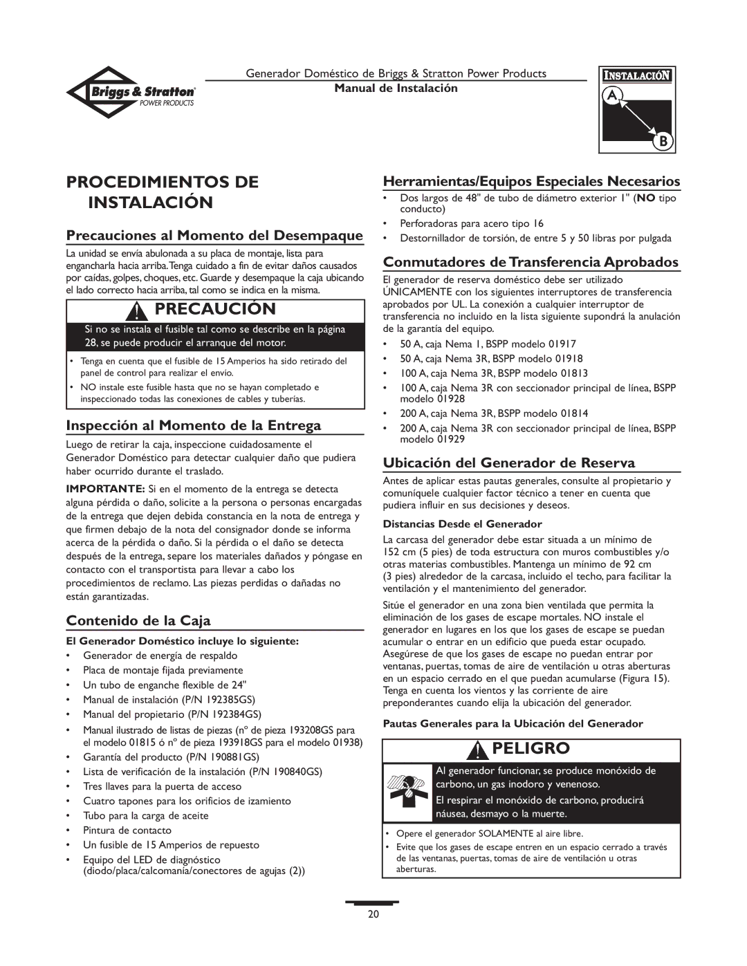 Briggs & Stratton 01938-0 manual Procedimientos DE Instalación, Peligro 