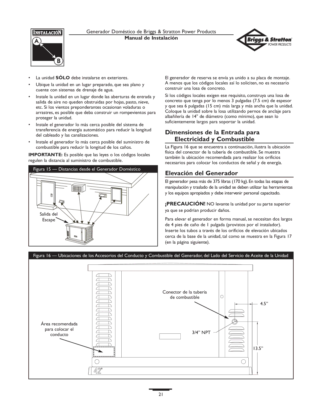 Briggs & Stratton 01938-0 manual Dimensiones de la Entrada para Electricidad y Combustible, Elevación del Generador, 13.5 