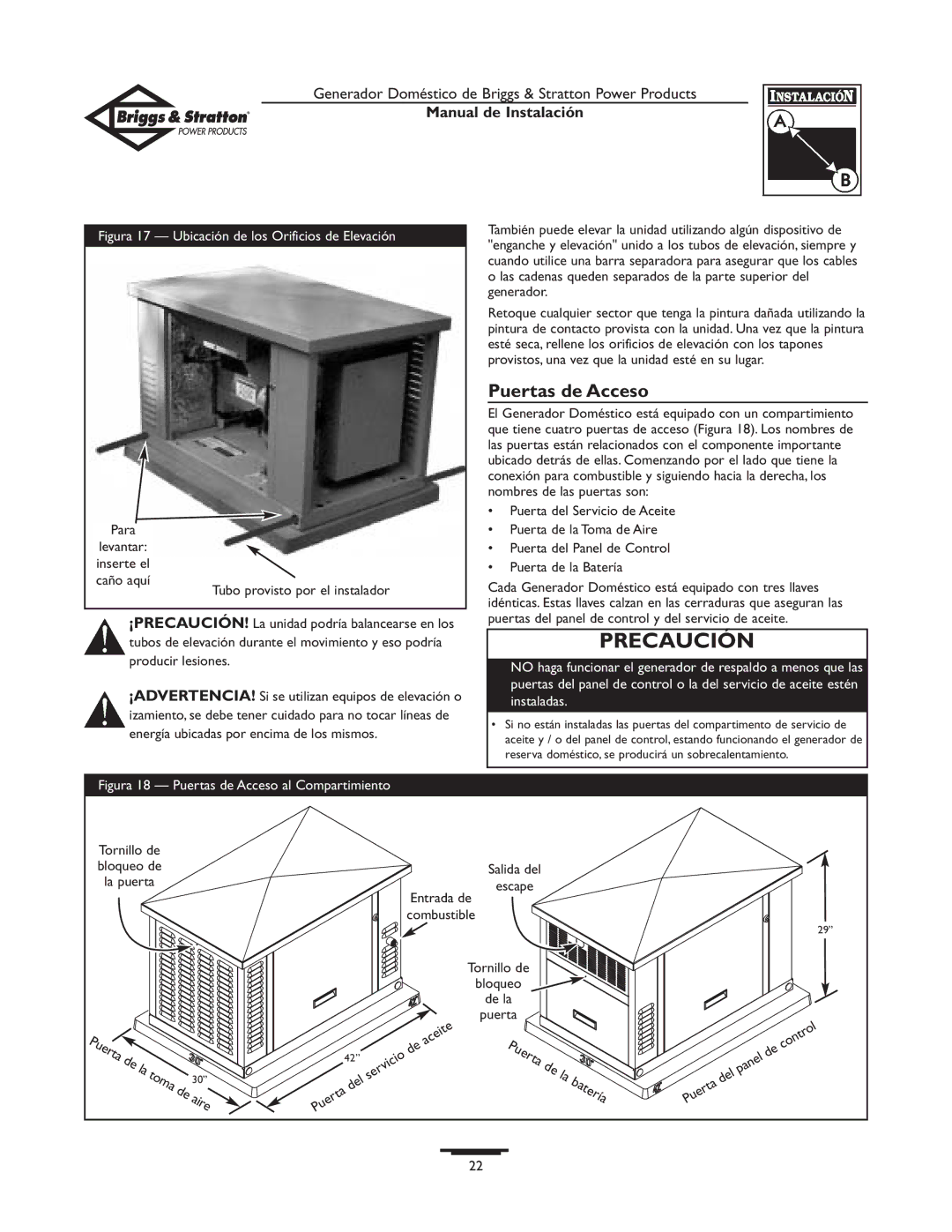 Briggs & Stratton 01938-0 manual Puertas de Acceso, Para, Entrada de Combustible 