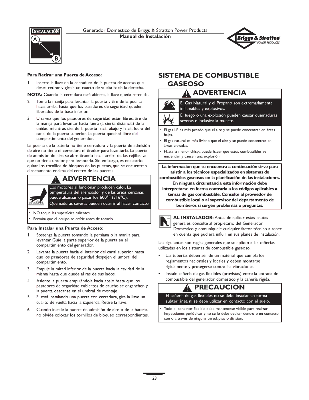 Briggs & Stratton 01938-0 manual Sistema DE Combustible Gaseoso Advertencia, Para Retirar una Puerta de Acceso 