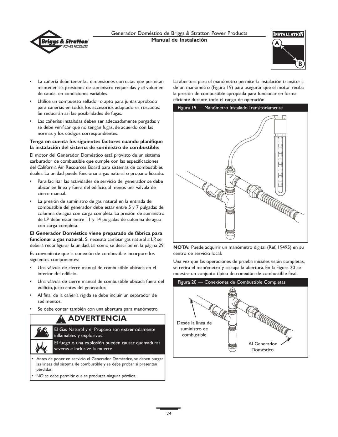 Briggs & Stratton 01938-0 manual Figura 19 Manómetro Instalado Transitoriamente 