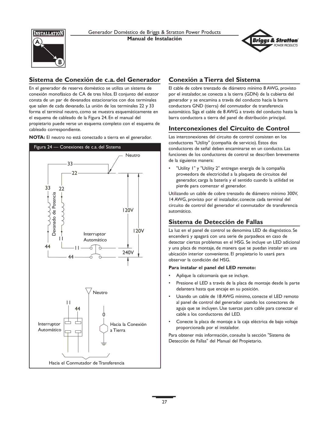 Briggs & Stratton 01938-0 manual Sistema de Conexión de c.a. del Generador, Conexión a Tierra del Sistema 