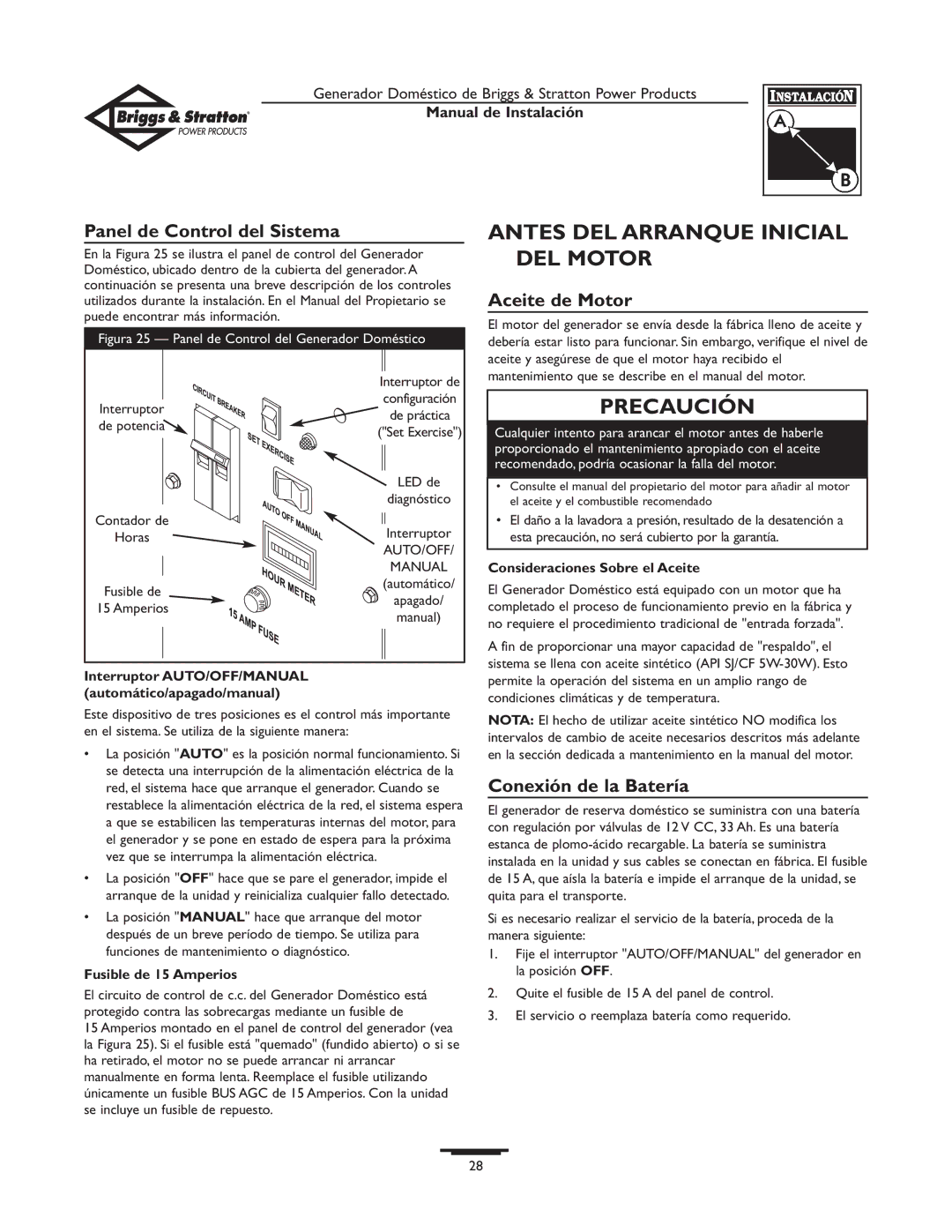 Briggs & Stratton 01938-0 manual Antes DEL Arranque Inicial DEL Motor, Panel de Control del Sistema, Aceite de Motor 