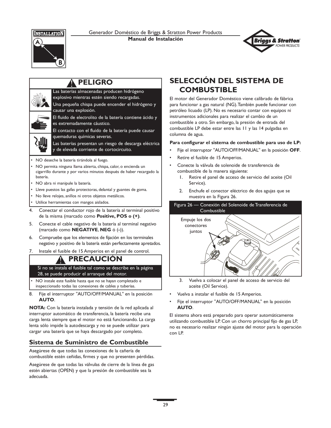 Briggs & Stratton 01938-0 manual Selección DEL Sistema DE Combustible, Sistema de Suministro de Combustible 