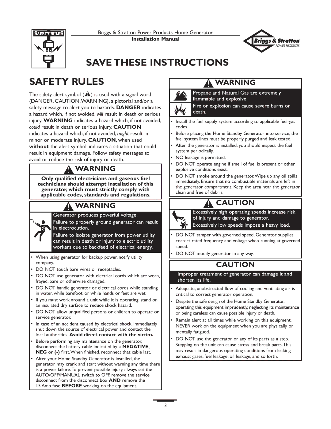 Briggs & Stratton 01938-0 manual Safety Rules, Amp fuse Before working on the equipment 